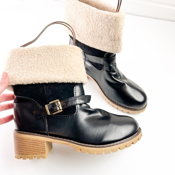 Women's Chunky Heel Boots, Fashion Buckle Strap Detailed Plush Lined Boots, Comf - Picture 7 of 9